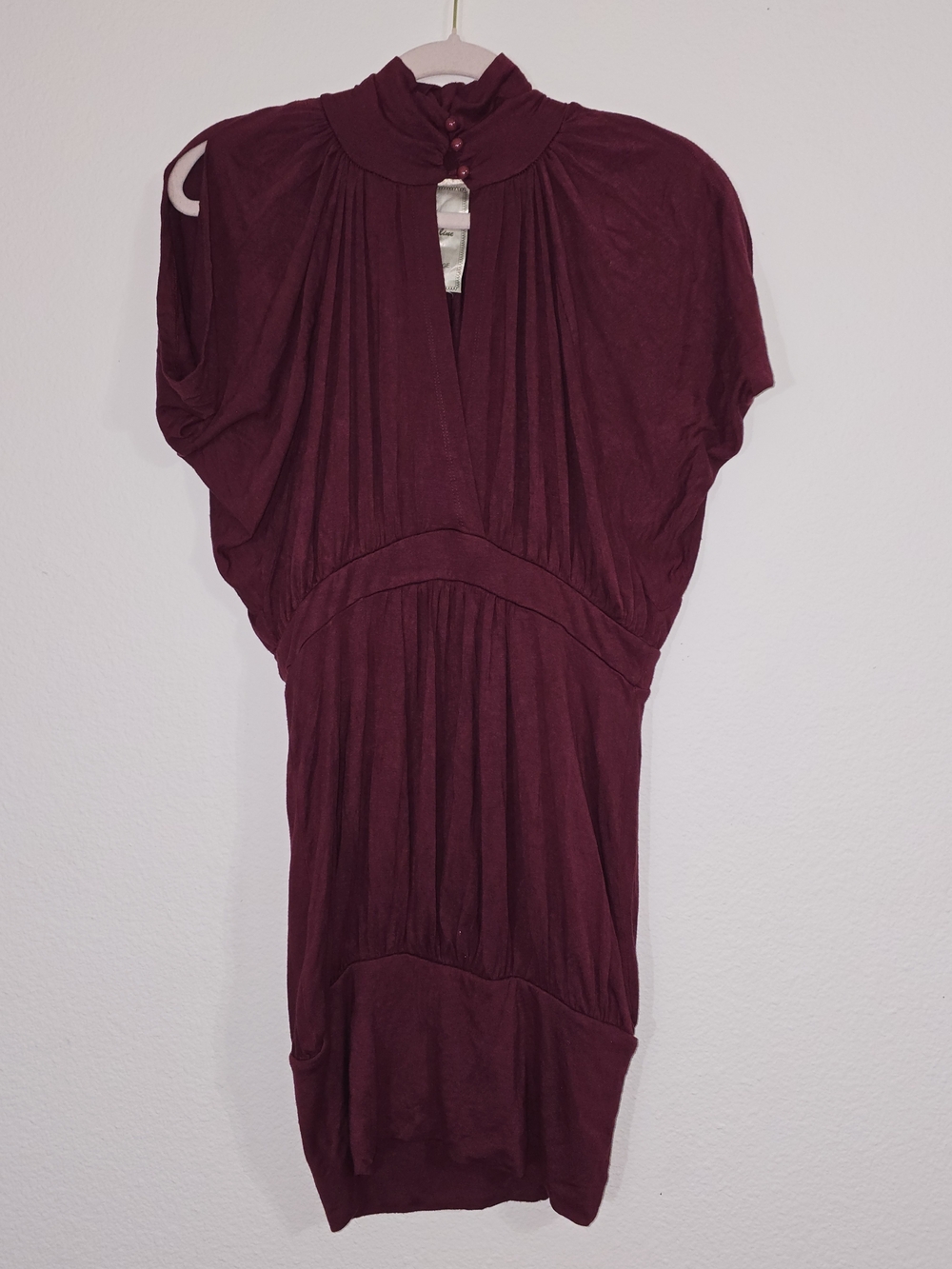 Women's Deep Burgundy Midi Dress with High Neck and Pleated Detail